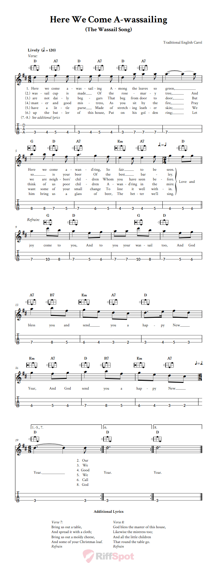 Here We Come A-wassailing Easy Mountain Dulcimer Tab (DAA Tuning)