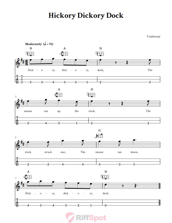 Hickory Dickory Dock Easy Mountain Dulcimer Tab (DAD Tuning)