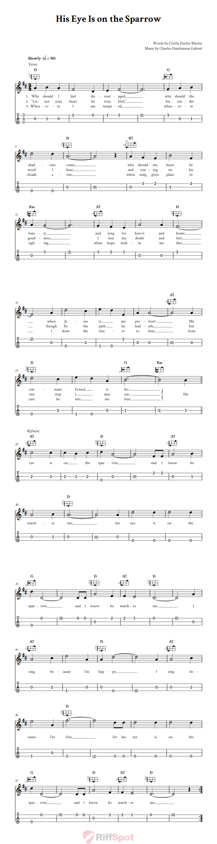 His Eye Is on the Sparrow Easy Mountain Dulcimer Tab (DAD Tuning)