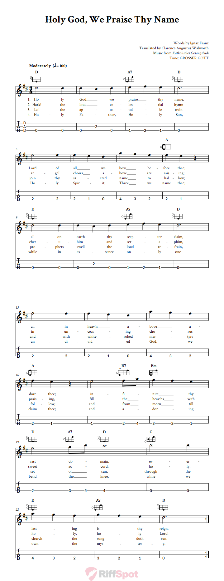 Holy God, We Praise Thy Name Easy Mountain Dulcimer Tab (DAD Tuning)
