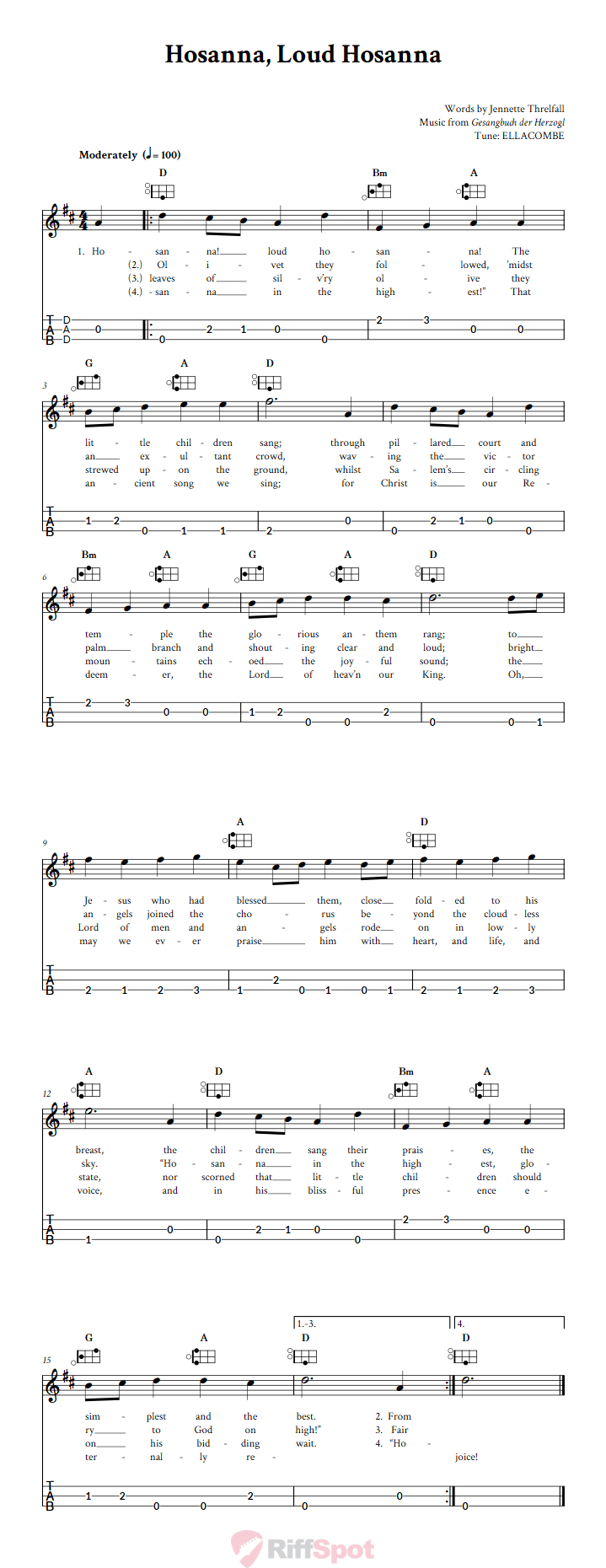 Hosanna, Loud Hosanna Easy Mountain Dulcimer Tab (DAD Tuning)