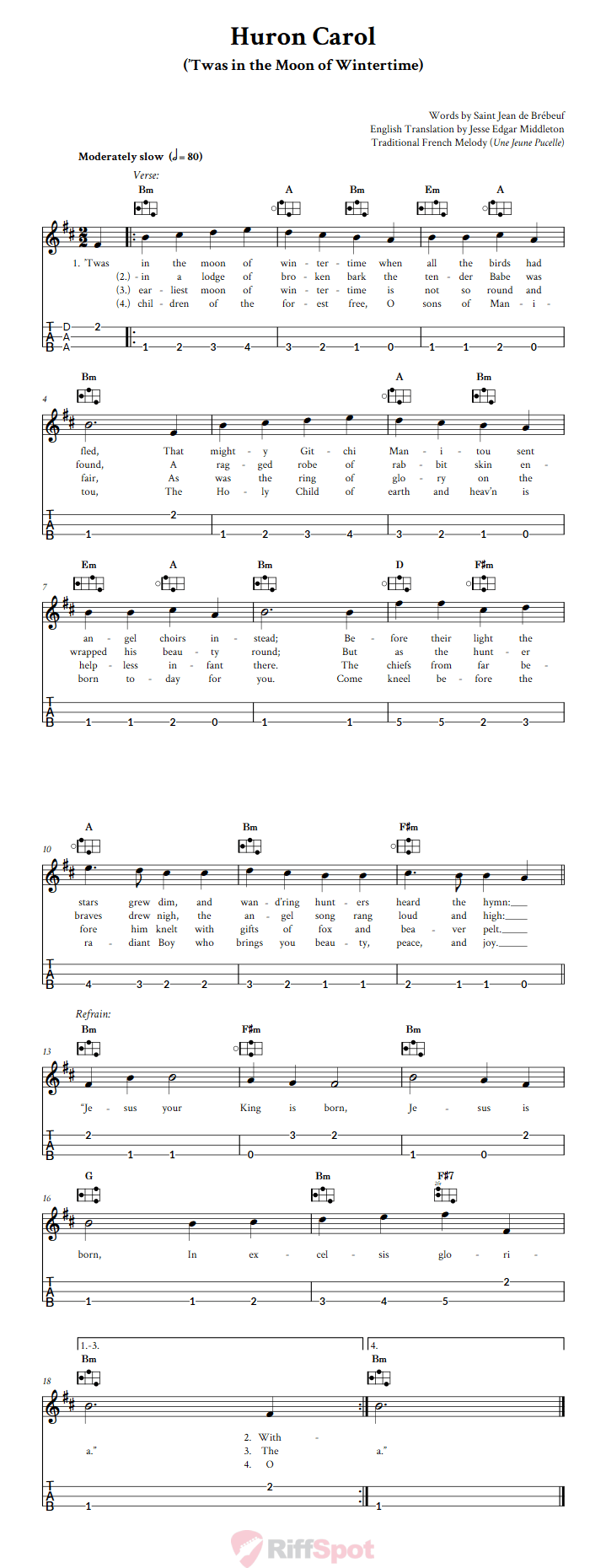 Huron Carol Easy Mountain Dulcimer Tab (DAA Tuning)
