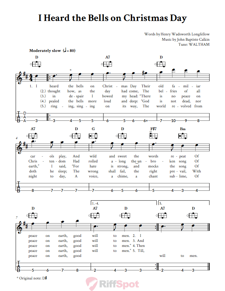 I Heard the Bells on Christmas Day Easy Mountain Dulcimer Tab (DAA Tuning)
