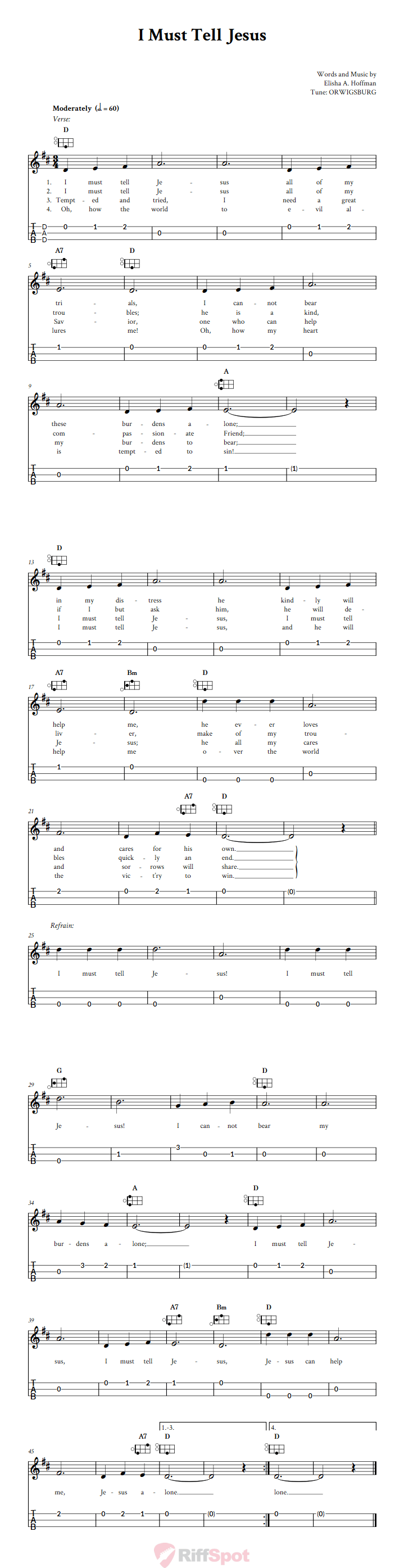 I Must Tell Jesus Easy Mountain Dulcimer Tab (DAD Tuning)