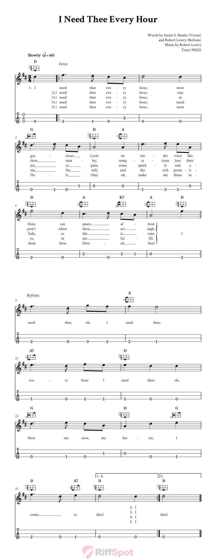 I Need Thee Every Hour Easy Mountain Dulcimer Tab (DAD Tuning)