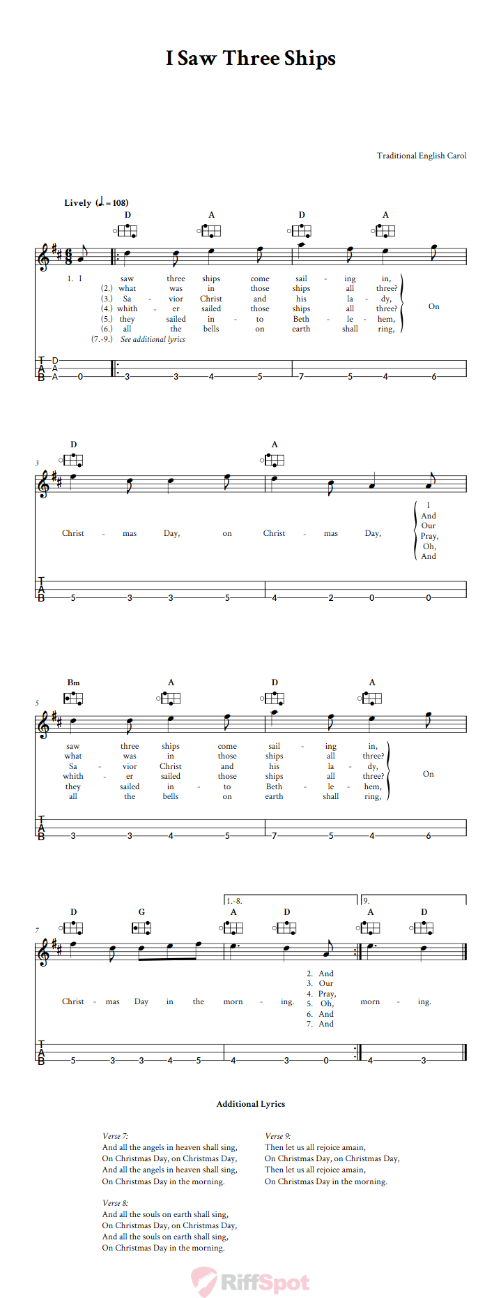 I Saw Three Ships Easy Mountain Dulcimer Tab (DAA Tuning)