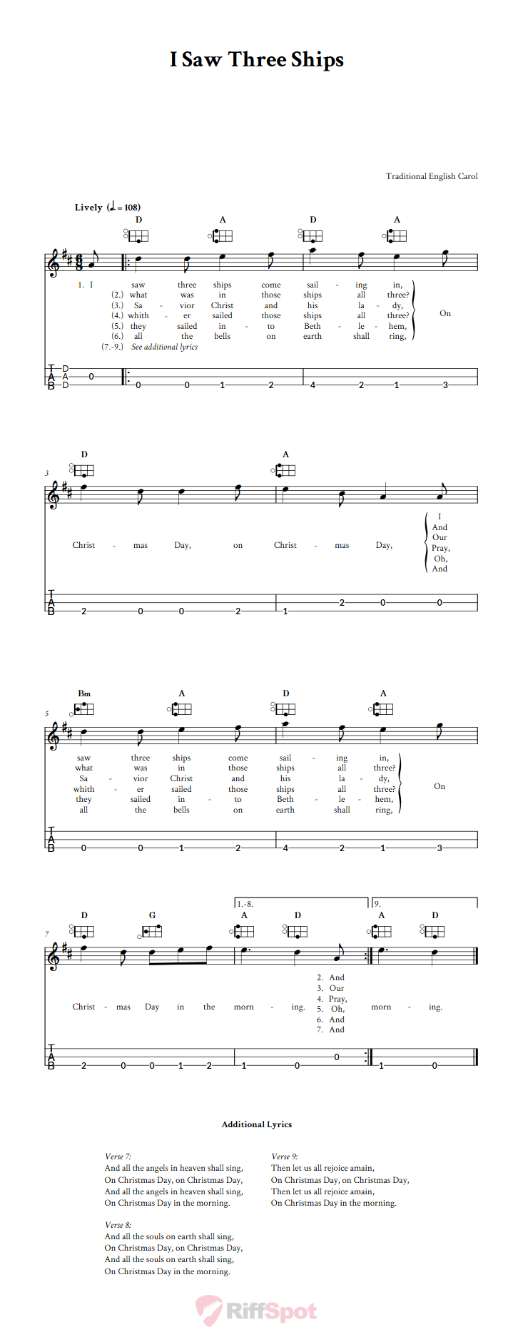 I Saw Three Ships Easy Mountain Dulcimer Tab (DAD Tuning)