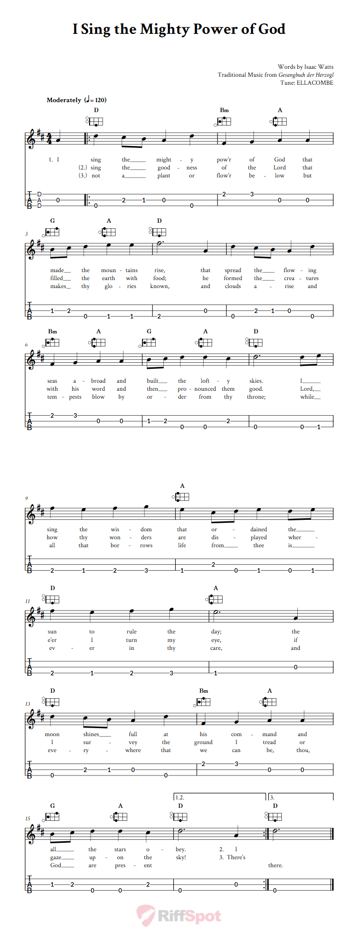 I Sing the Mighty Power of God Easy Mountain Dulcimer Tab (DAD Tuning)