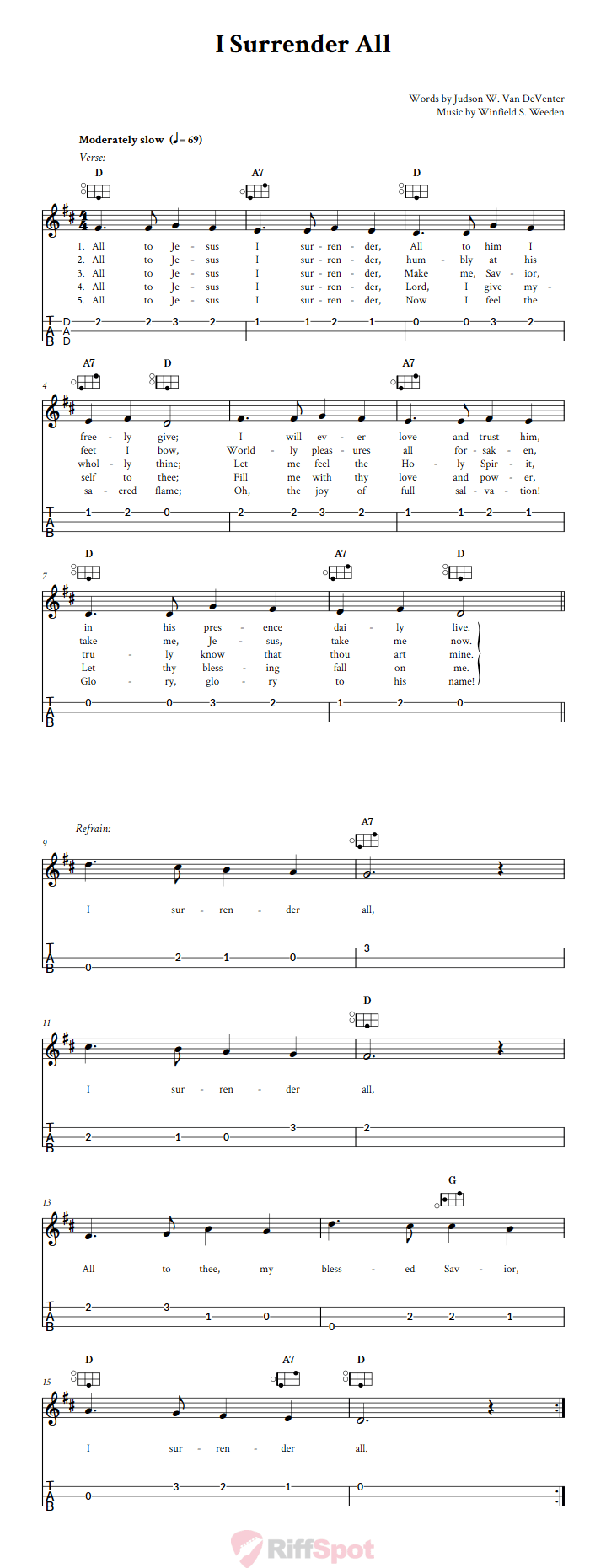 I Surrender All Easy Mountain Dulcimer Tab (DAD Tuning)