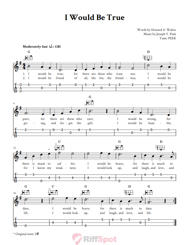 I Would Be True Easy Mountain Dulcimer Tab (DAD Tuning)