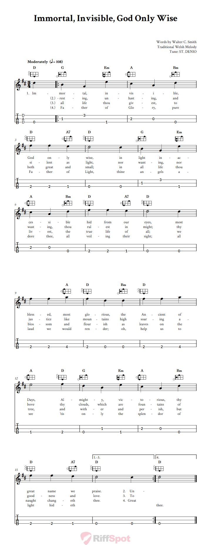 Immortal, Invisible, God Only Wise Easy Mountain Dulcimer Tab (DAD Tuning)