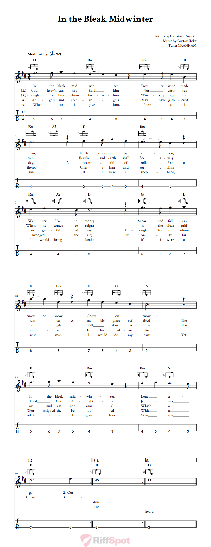 In the Bleak Midwinter Easy Mountain Dulcimer Tab (DAA Tuning)