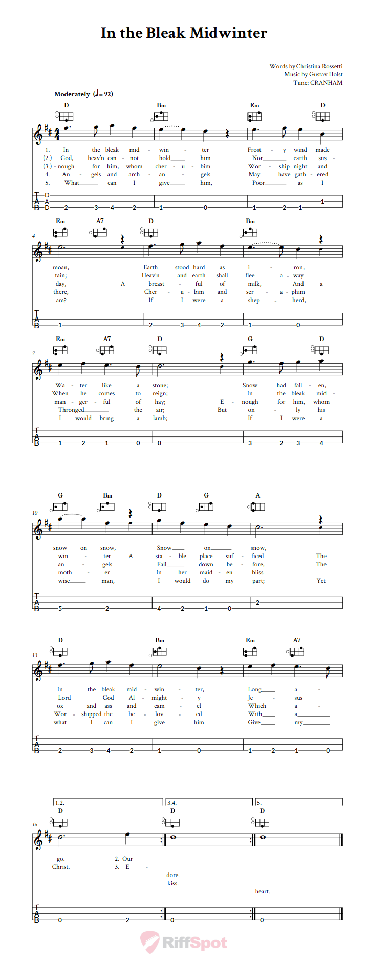 In the Bleak Midwinter Easy Mountain Dulcimer Tab (DAD Tuning)