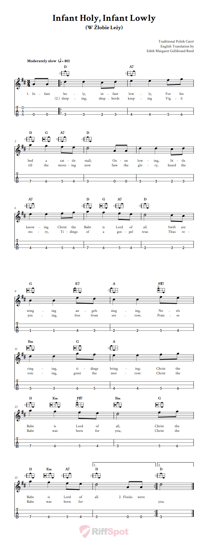 Infant Holy, Infant Lowly Easy Mountain Dulcimer Tab (DAA Tuning)