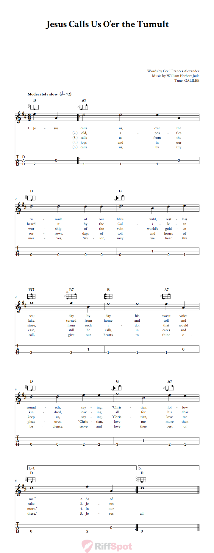Jesus Calls Us O'er the Tumult Easy Mountain Dulcimer Tab (DAD Tuning)