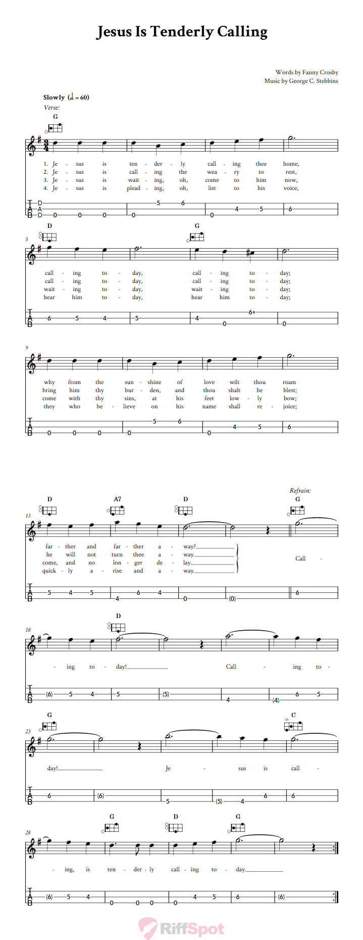 Jesus Is Tenderly Calling Easy Mountain Dulcimer Tab (DAD Tuning)