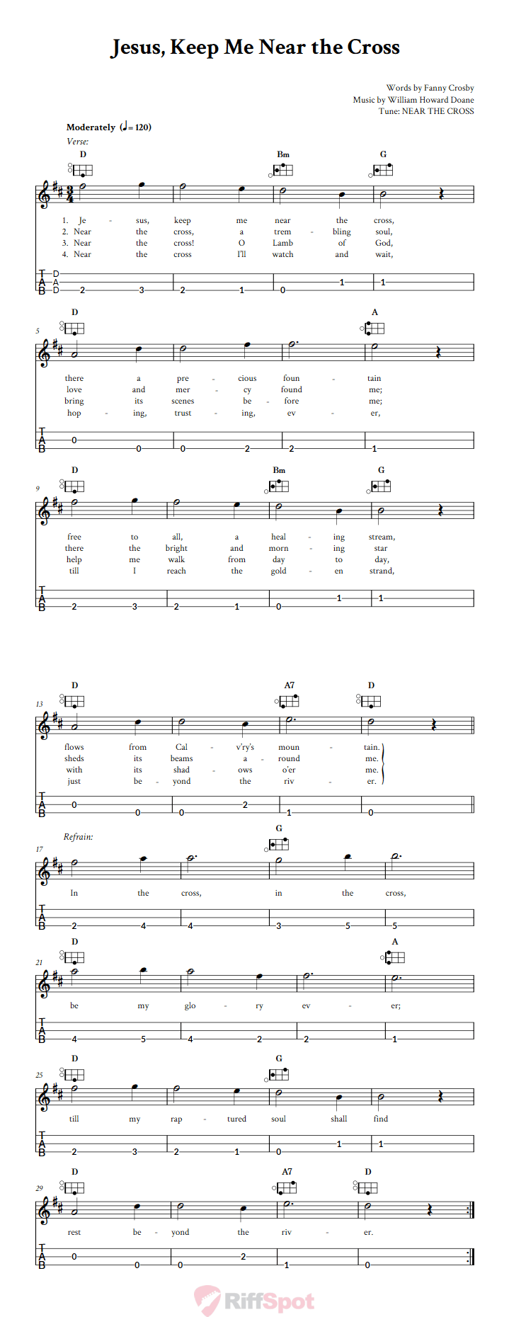 Jesus, Keep Me Near the Cross Easy Mountain Dulcimer Tab (DAD Tuning)