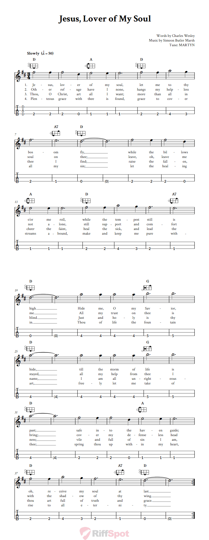 Jesus, Lover of My Soul Easy Mountain Dulcimer Tab (DAD Tuning)