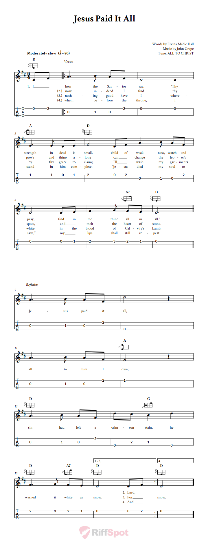 Jesus Paid It All Easy Mountain Dulcimer Tab (DAD Tuning)