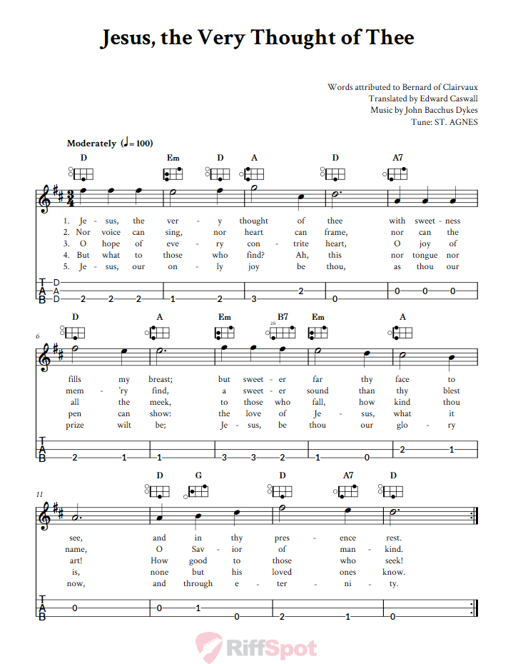 Jesus, the Very Thought of Thee Easy Mountain Dulcimer Tab (DAD Tuning)