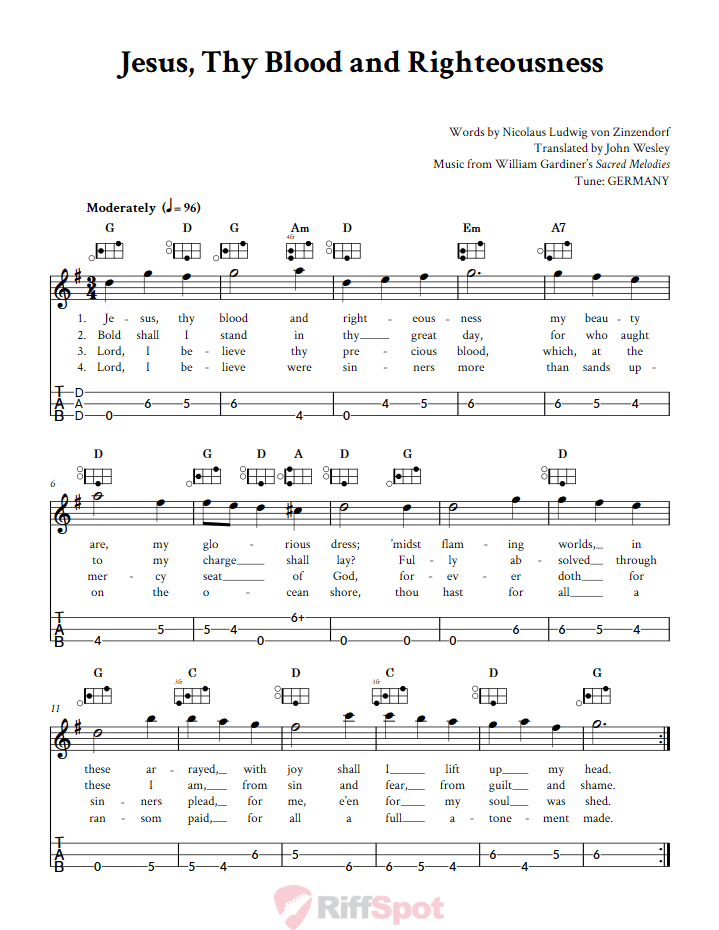 Jesus, Thy Blood and Righteousness Easy Mountain Dulcimer Tab (DAD Tuning)