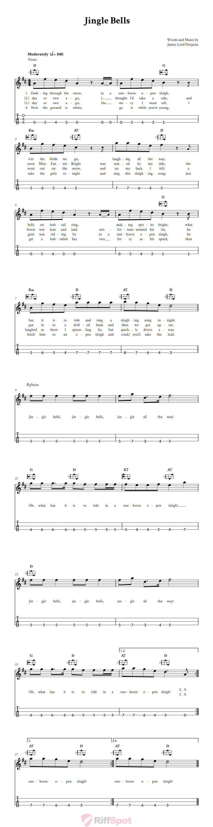 Jingle Bells Easy Mountain Dulcimer Tab (DAA Tuning)