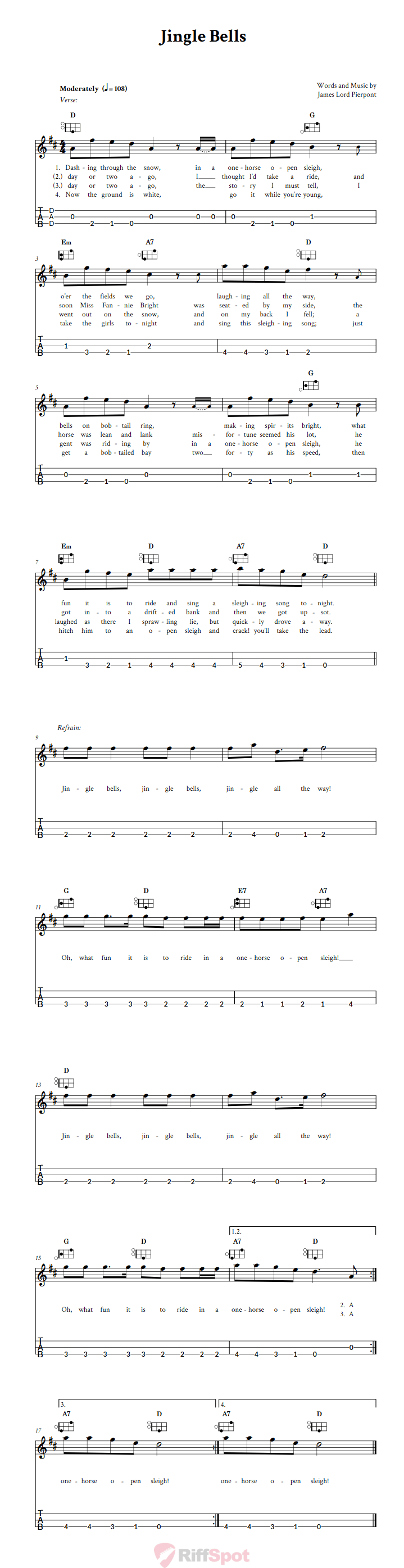 Jingle Bells Easy Mountain Dulcimer Tab (DAD Tuning)