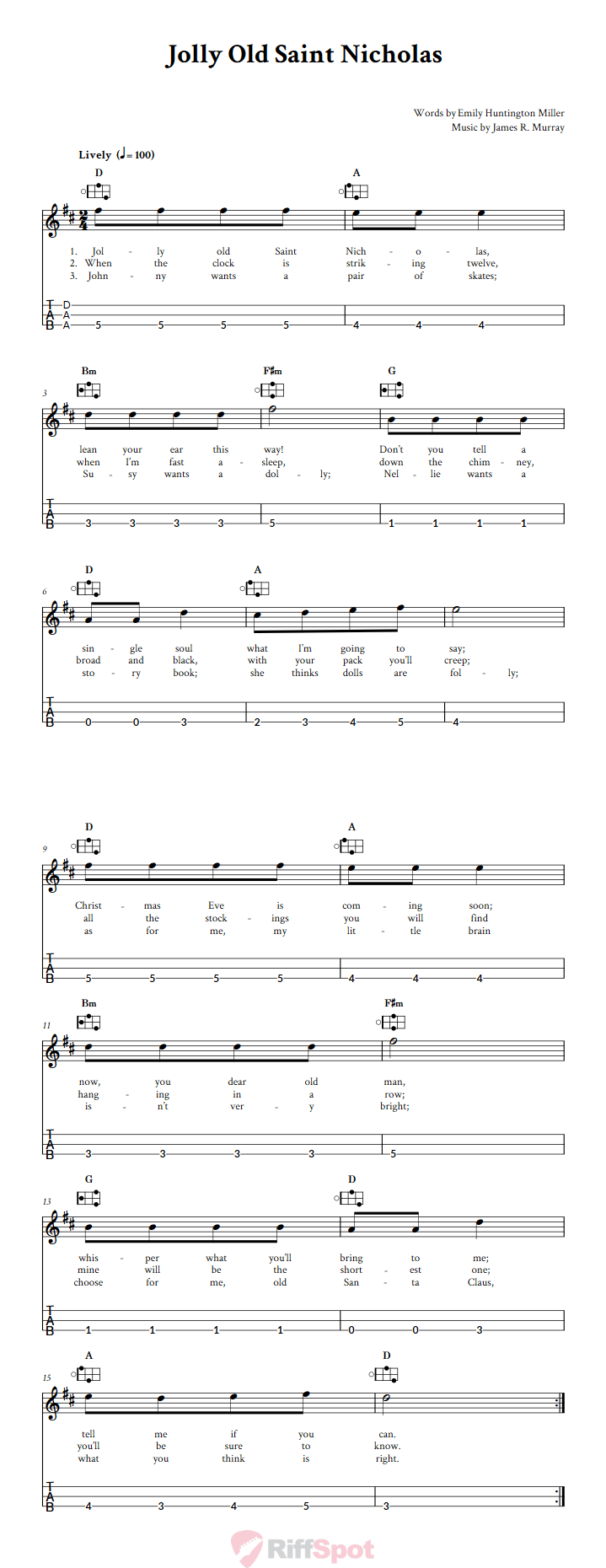 Jolly Old Saint Nicholas Easy Mountain Dulcimer Tab (DAA Tuning)