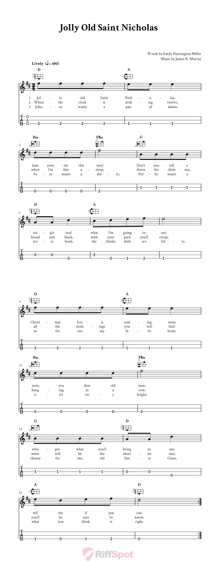 Jolly Old Saint Nicholas Easy Mountain Dulcimer Tab (DAD Tuning)