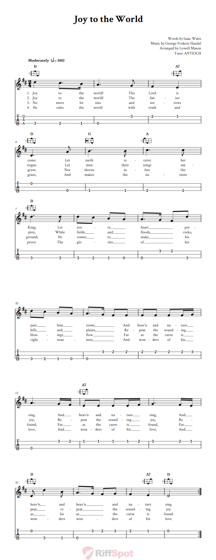 Joy to the World Easy Mountain Dulcimer Tab (DAA Tuning)