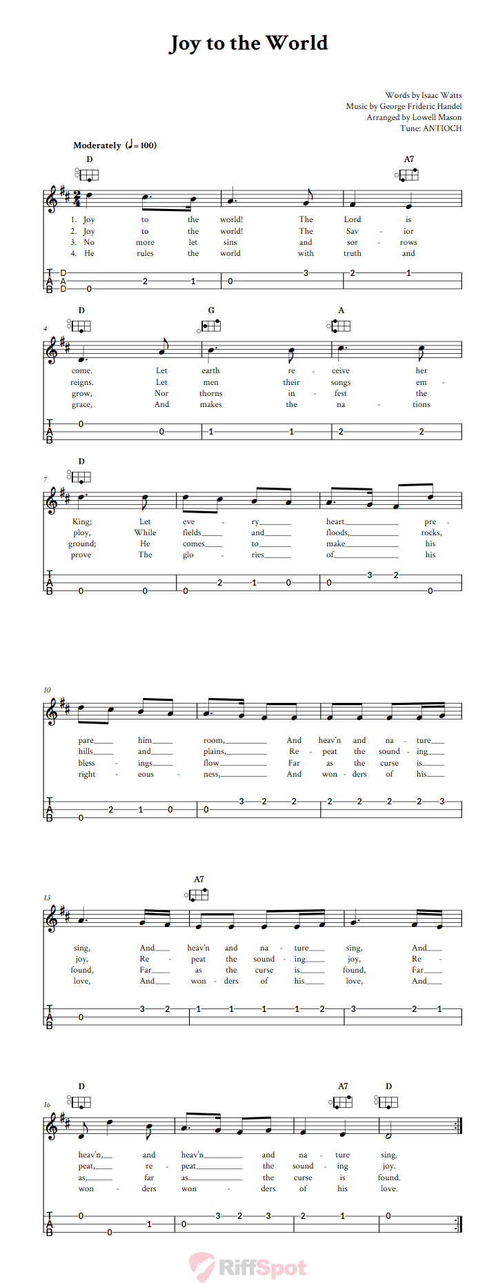 Joy to the World Easy Mountain Dulcimer Tab (DAD Tuning)