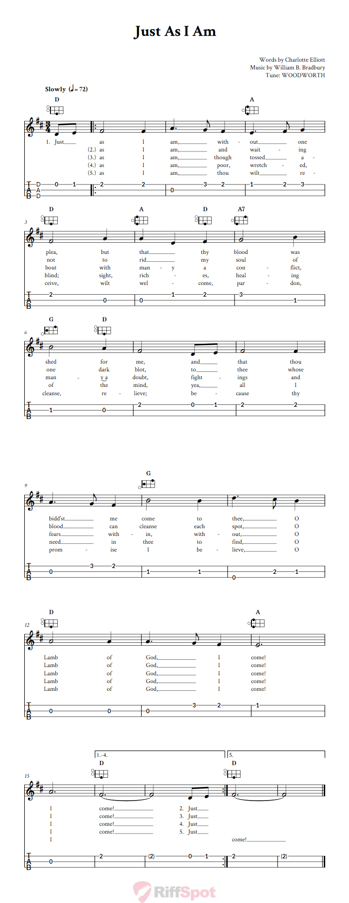 Just As I Am Easy Mountain Dulcimer Tab (DAD Tuning)