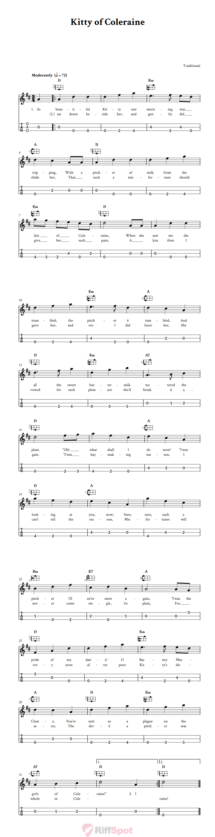Kitty of Coleraine Easy Mountain Dulcimer Tab (DAD Tuning)
