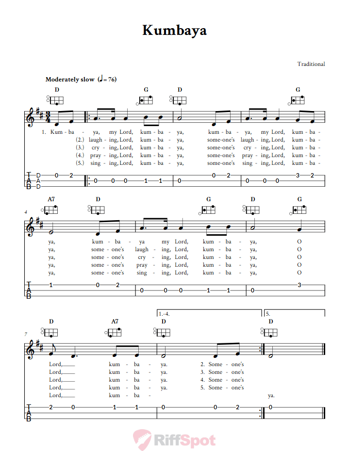 Kumbaya Easy Mountain Dulcimer Tab (DAD Tuning)