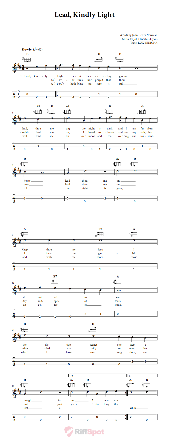 Lead, Kindly Light Easy Mountain Dulcimer Tab (DAD Tuning)