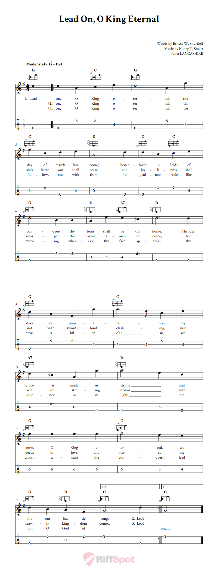 Lead On, O King Eternal Easy Mountain Dulcimer Tab (DAD Tuning)