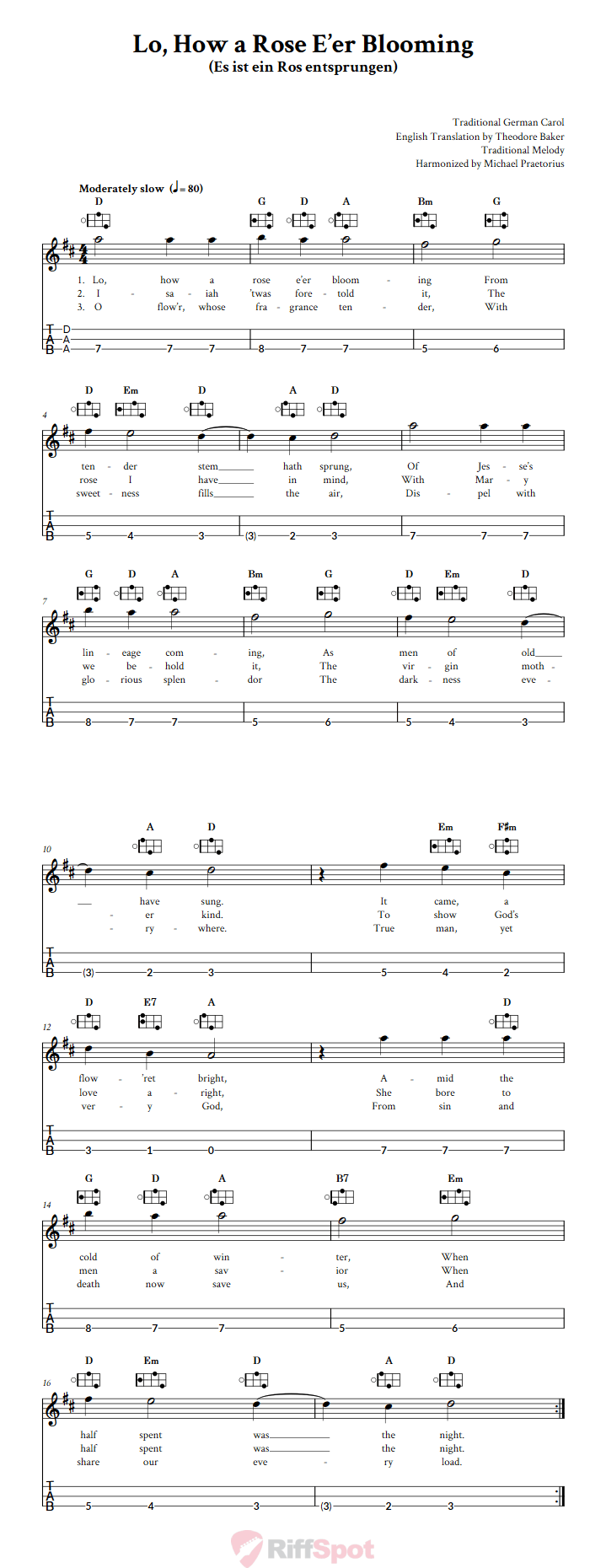 Lo, How a Rose E'er Blooming Easy Mountain Dulcimer Tab (DAA Tuning)