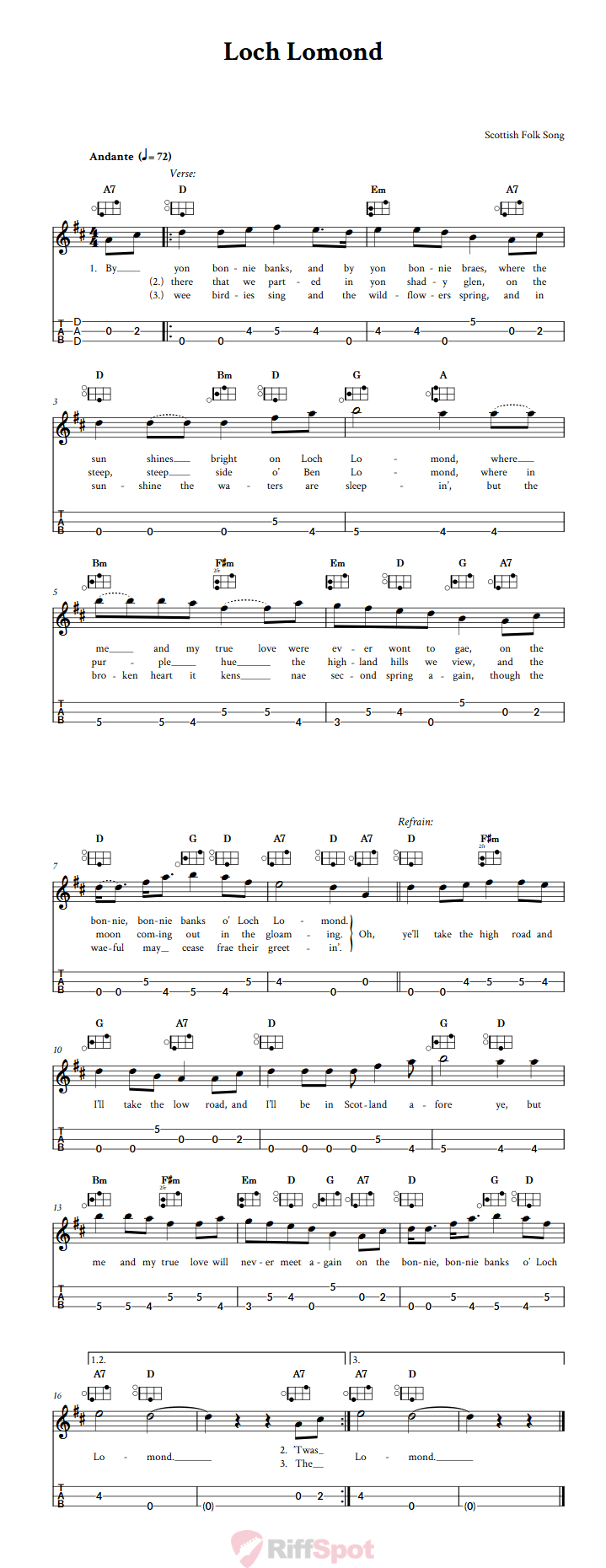 Loch Lomond Easy Mountain Dulcimer Tab (DAD Tuning)