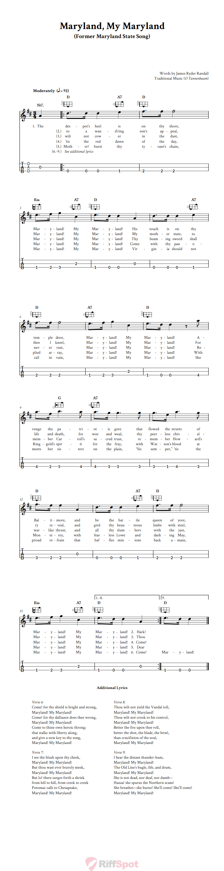 Maryland, My Maryland Easy Mountain Dulcimer Tab (DAD Tuning)