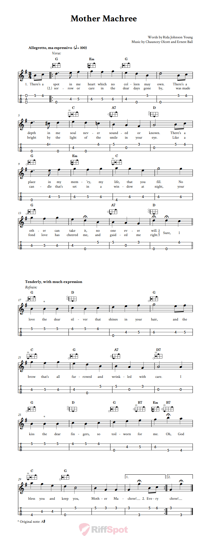 Mother Machree Easy Mountain Dulcimer Tab (DAD Tuning)