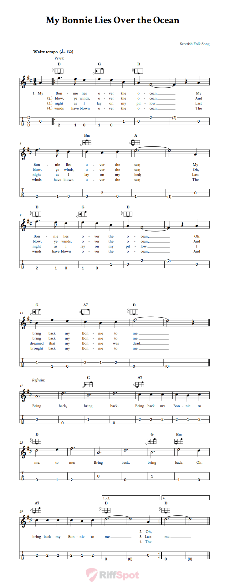 My Bonnie Lies Over the Ocean Easy Mountain Dulcimer Tab (DAD Tuning)