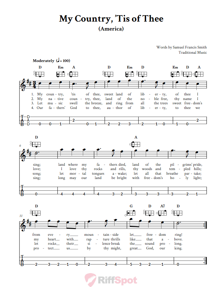 My Country, 'Tis of Thee Easy Mountain Dulcimer Tab (DAD Tuning)