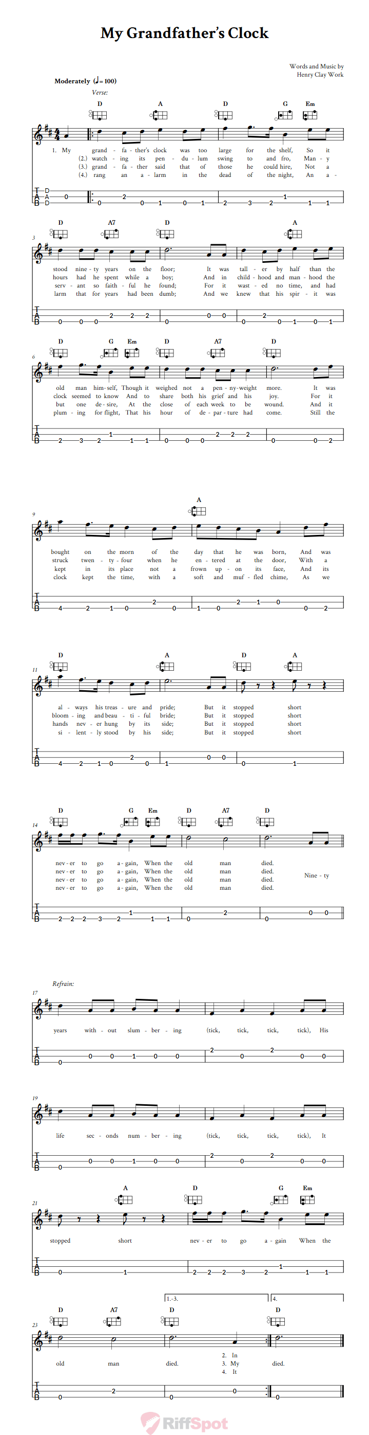 My Grandfather's Clock Easy Mountain Dulcimer Tab (DAD Tuning)