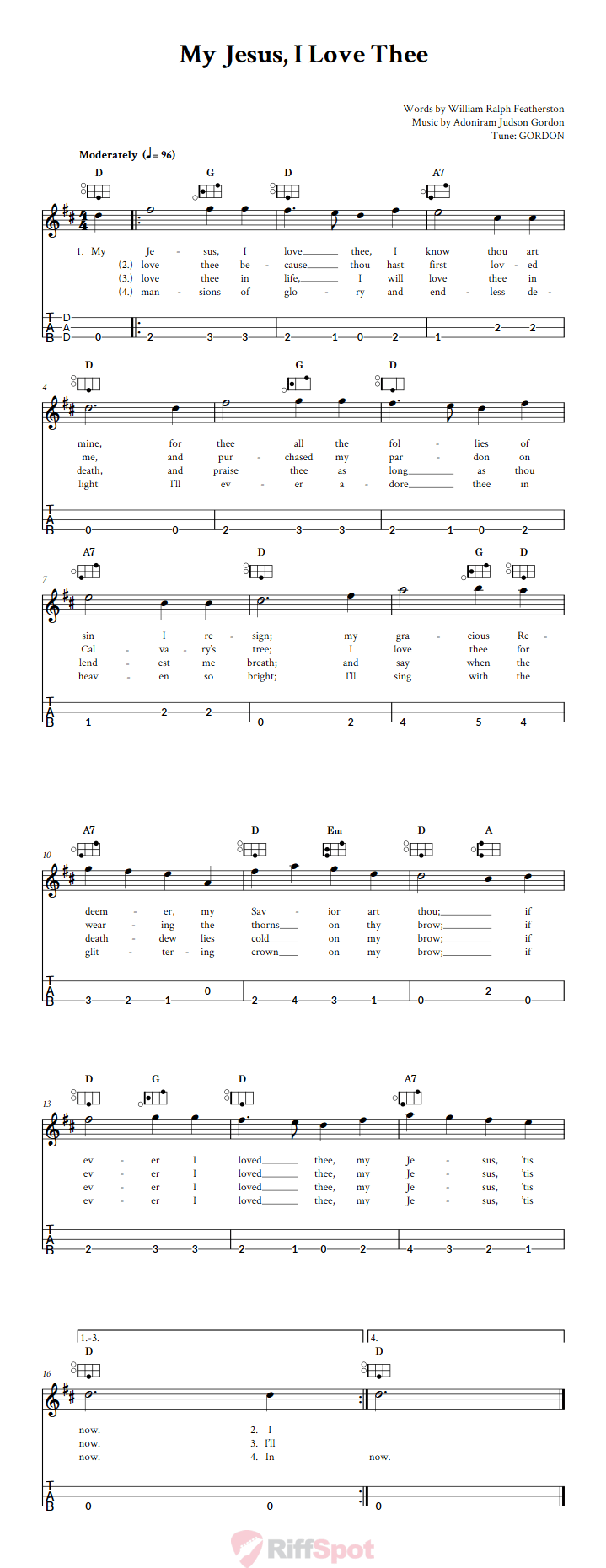 My Jesus, I Love Thee Easy Mountain Dulcimer Tab (DAD Tuning)