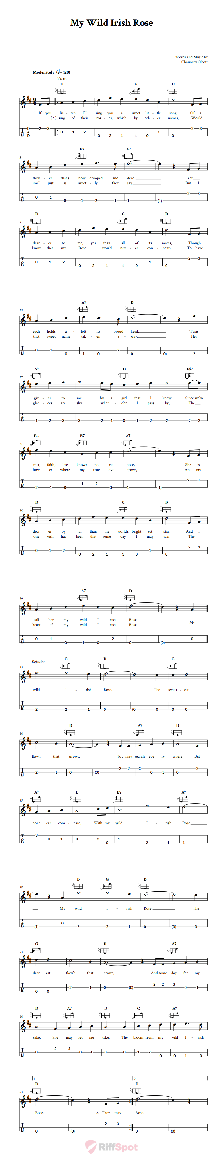 My Wild Irish Rose Easy Mountain Dulcimer Tab (DAD Tuning)
