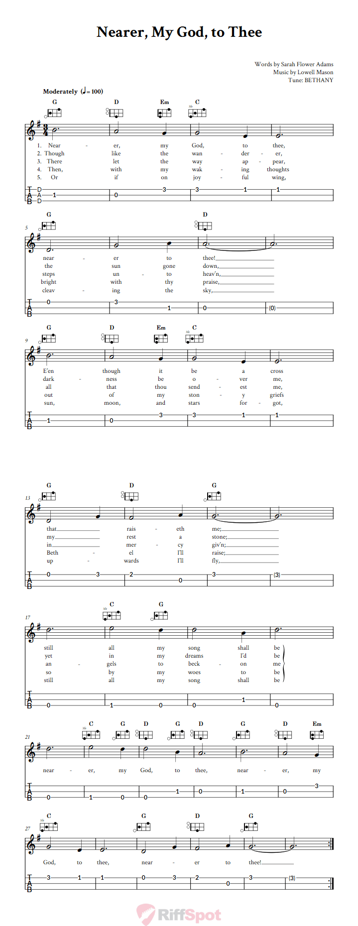 Nearer, My God, to Thee Easy Mountain Dulcimer Tab (DAD Tuning)