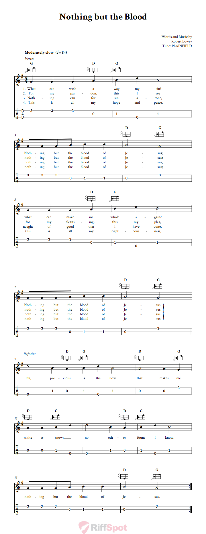 Nothing But the Blood Easy Mountain Dulcimer Tab (DAD Tuning)