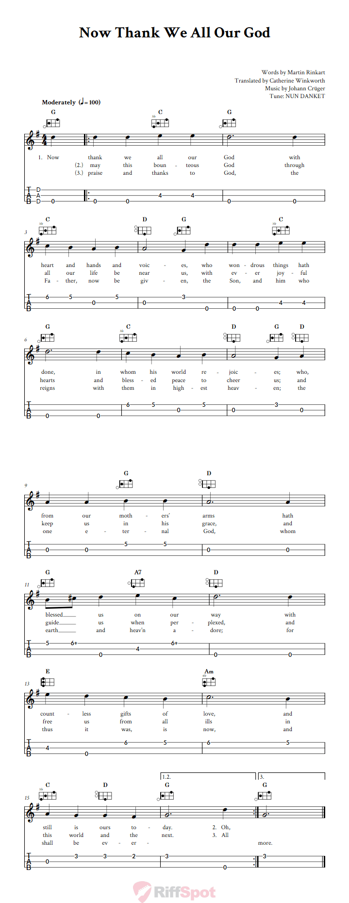 Now Thank We All Our God Easy Mountain Dulcimer Tab (DAD Tuning)