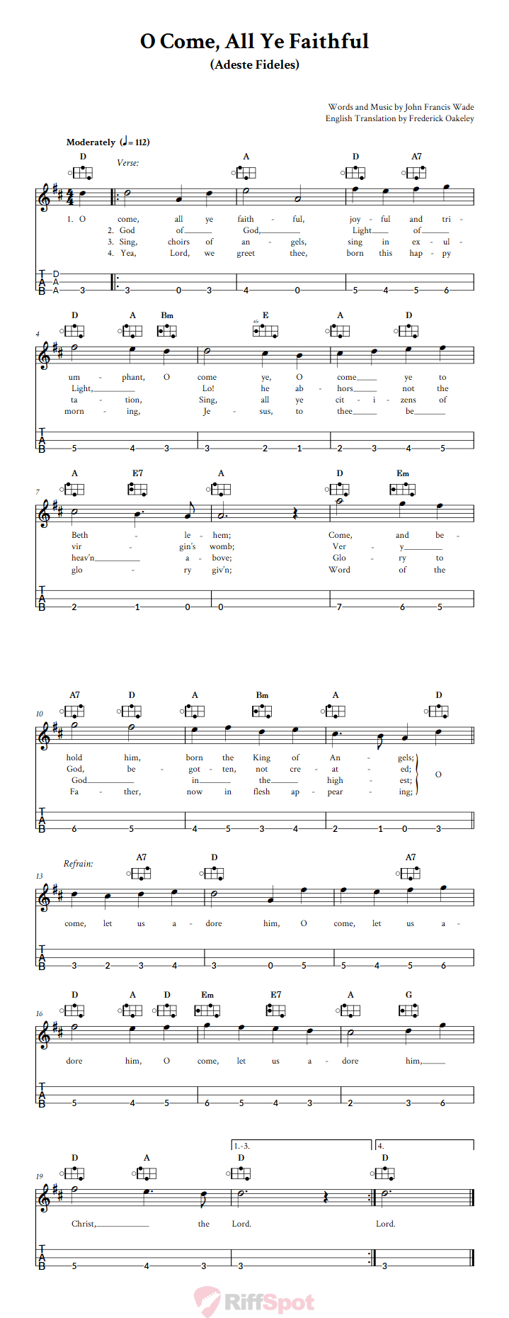 O Come, All Ye Faithful Easy Mountain Dulcimer Tab (DAA Tuning)