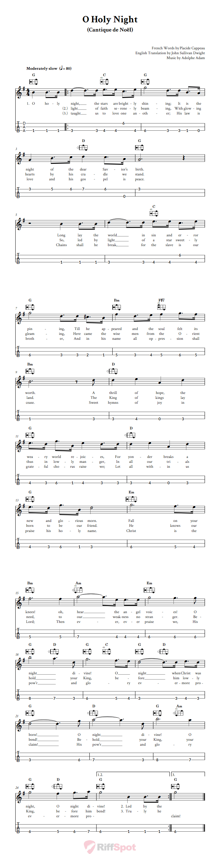 O Holy Night Easy Mountain Dulcimer Tab (DAA Tuning)